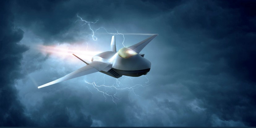 Image shows graphic of a Future Combat Air System flying through a lightning storm.
